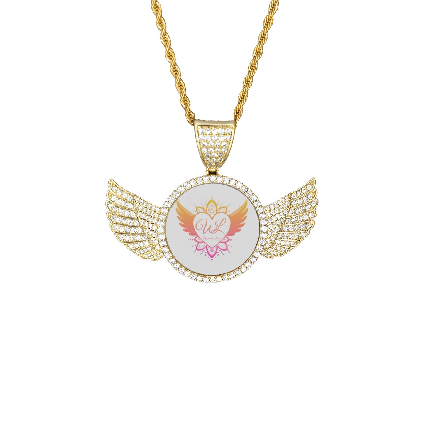 Wake Love Logo Wings Gold Photo Pendant with Rope Chain