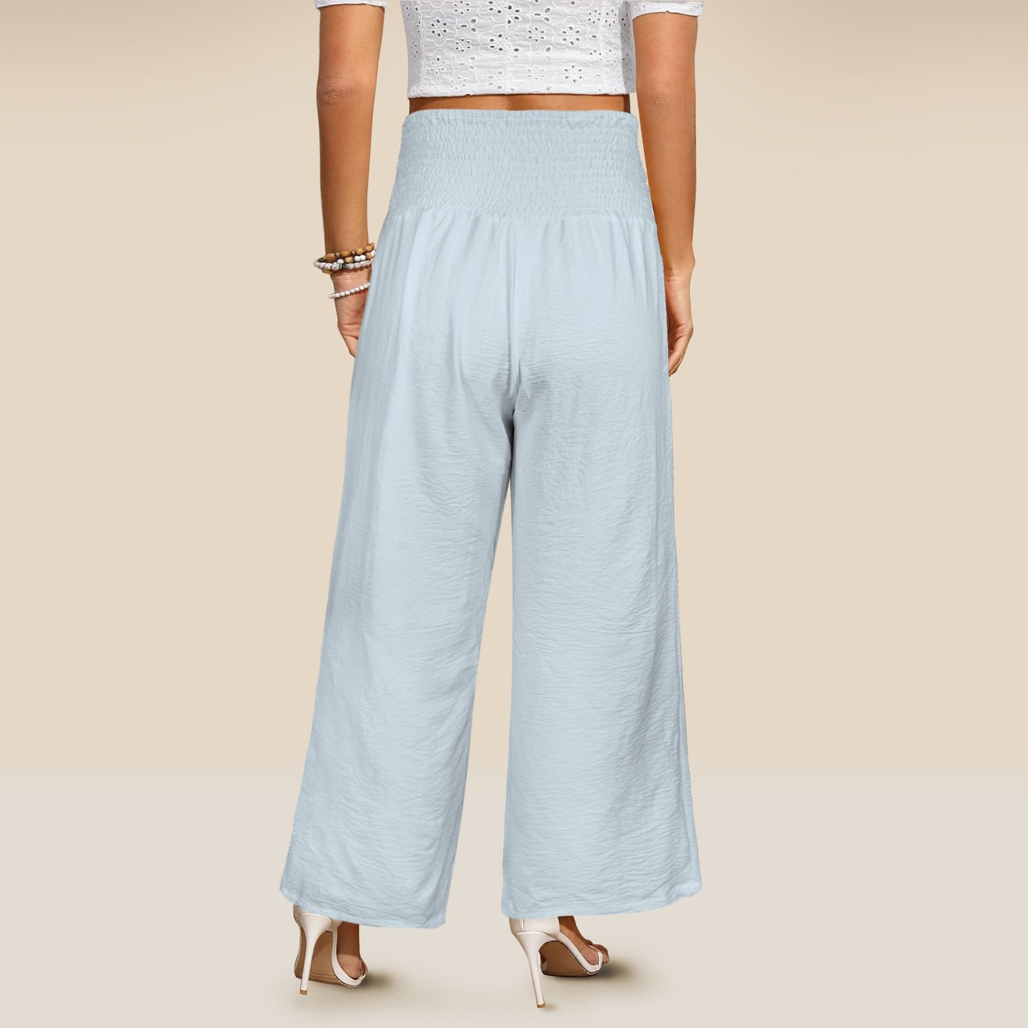 Elastic High Waist Pocket Wide Leg pants Blue
