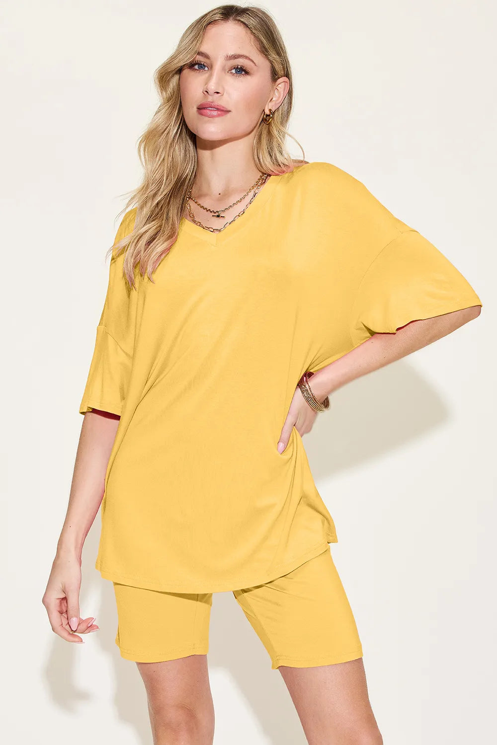 Basic Bae Bamboo Full Size V-Neck Drop Shoulder T-Shirt and Shorts Set