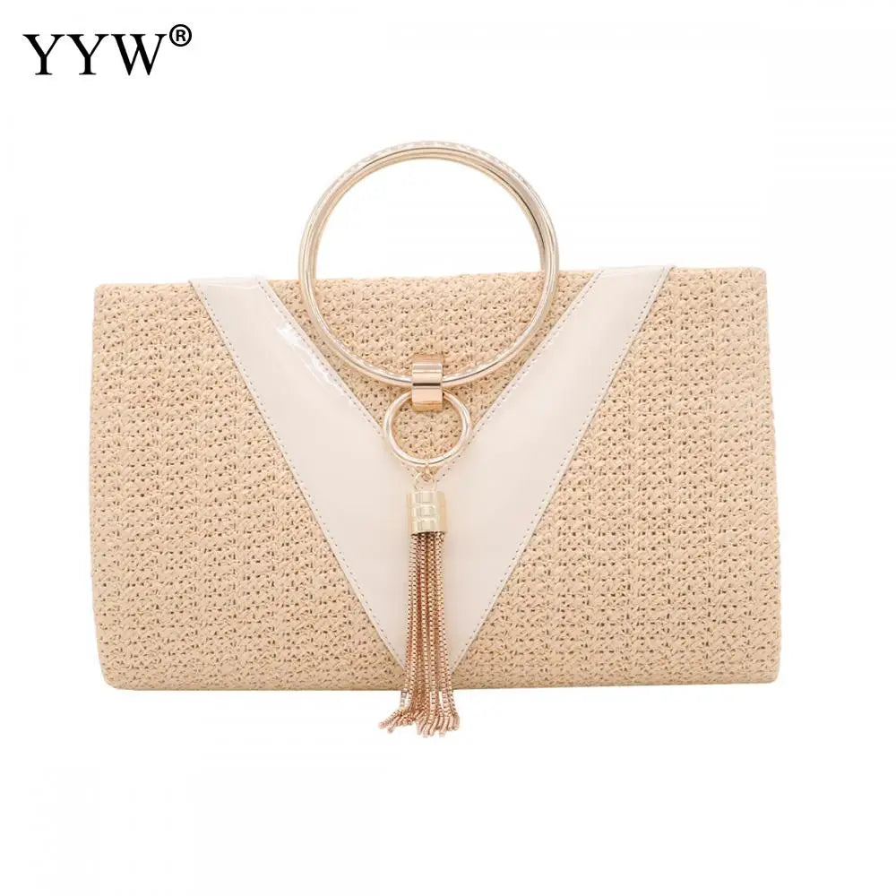 Straw Zinc Alloy Tassels Handbag