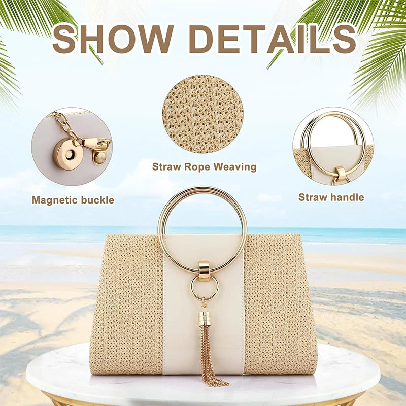 Straw Zinc Alloy Tassels Handbag