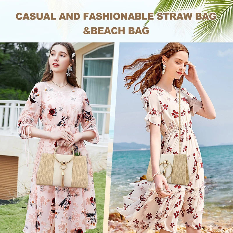Straw Zinc Alloy Tassels Handbag