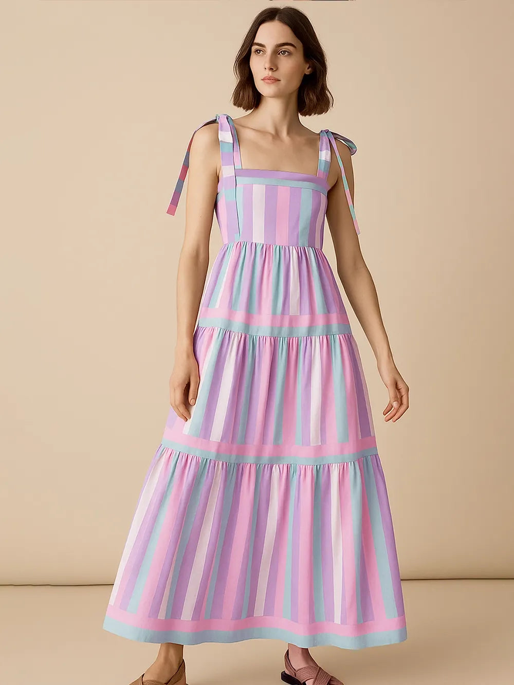 Striped Tiered Maxi Summer Dress with Bow Shoulder Ties