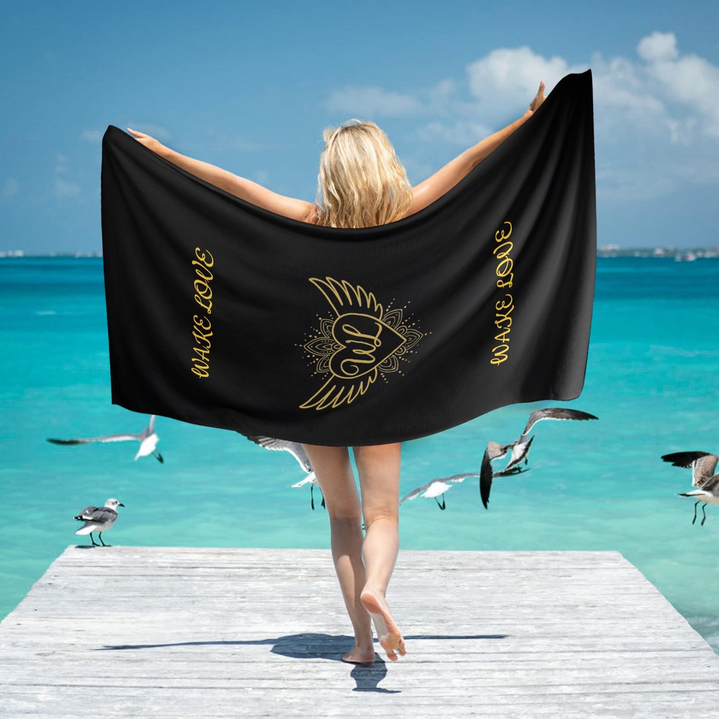 WAKE LOVE LARGE BEACH TOWEL BLACK 31"x71" Large