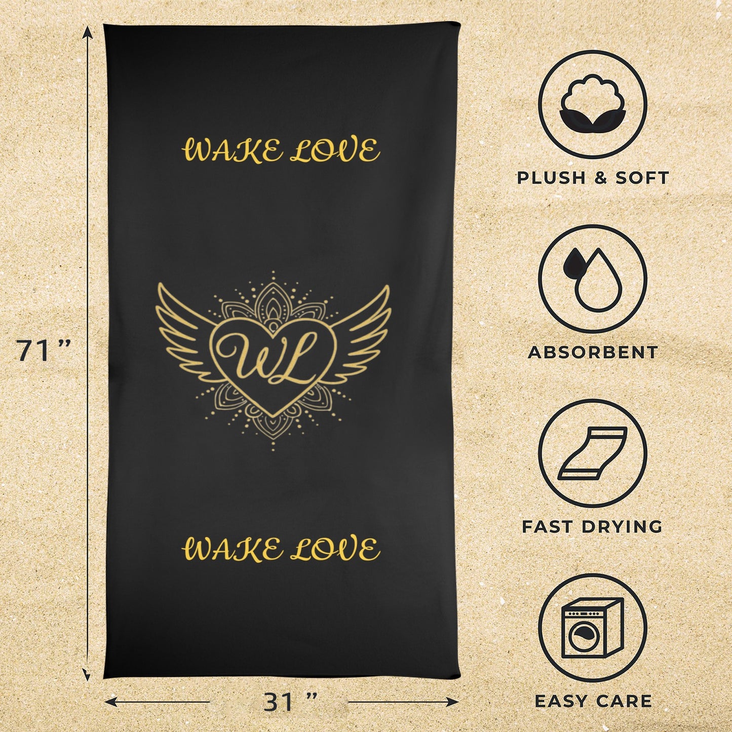 WAKE LOVE LARGE BEACH TOWEL BLACK 31"x71" Large