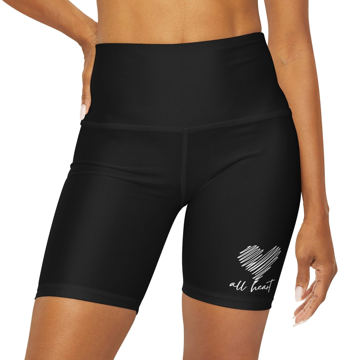 Womens High Waisted Black Yoga Shorts - Say it Soul - All Heart White Line Art Print-1