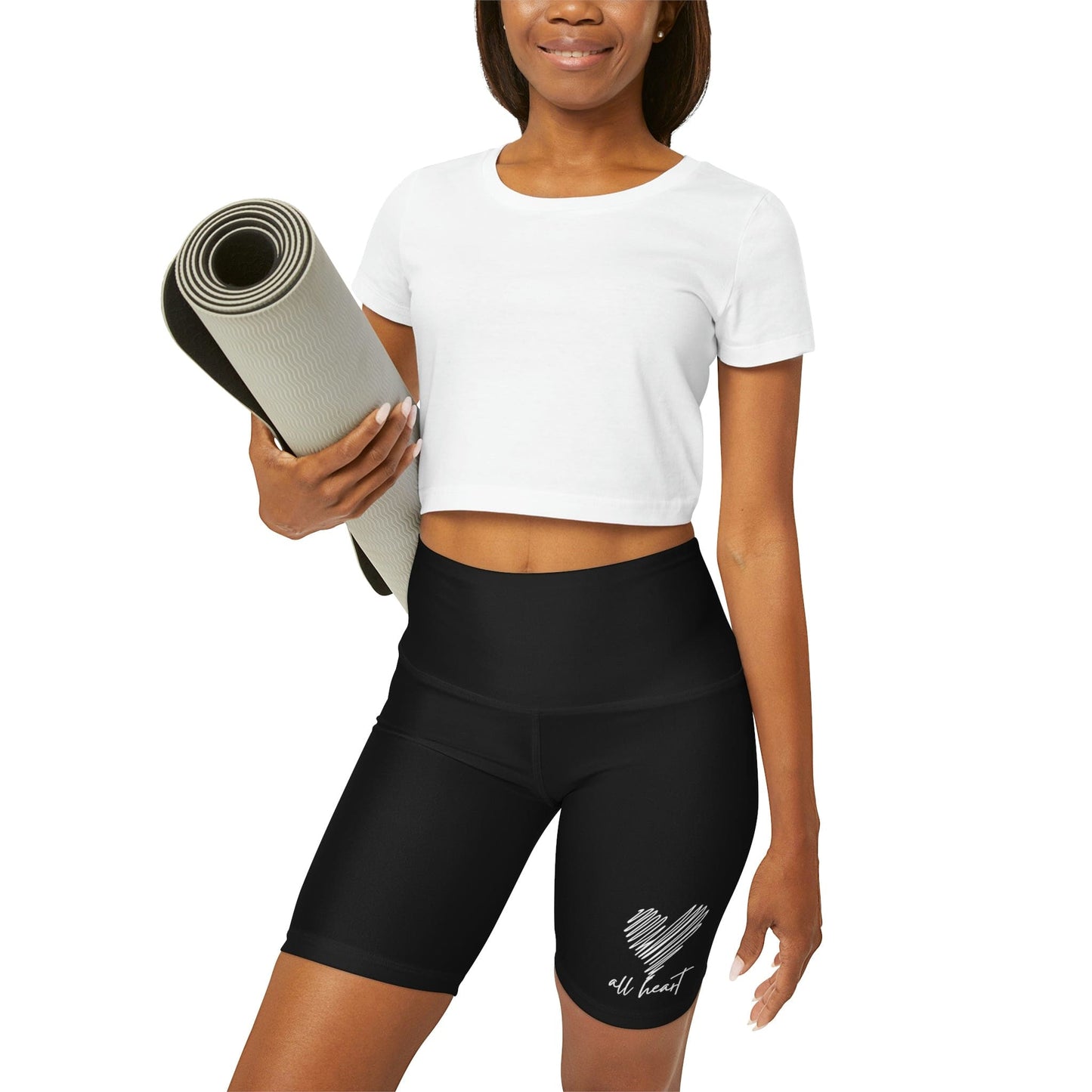 Womens High Waisted Black Yoga Shorts - Say it Soul - All Heart White Line Art Print-4