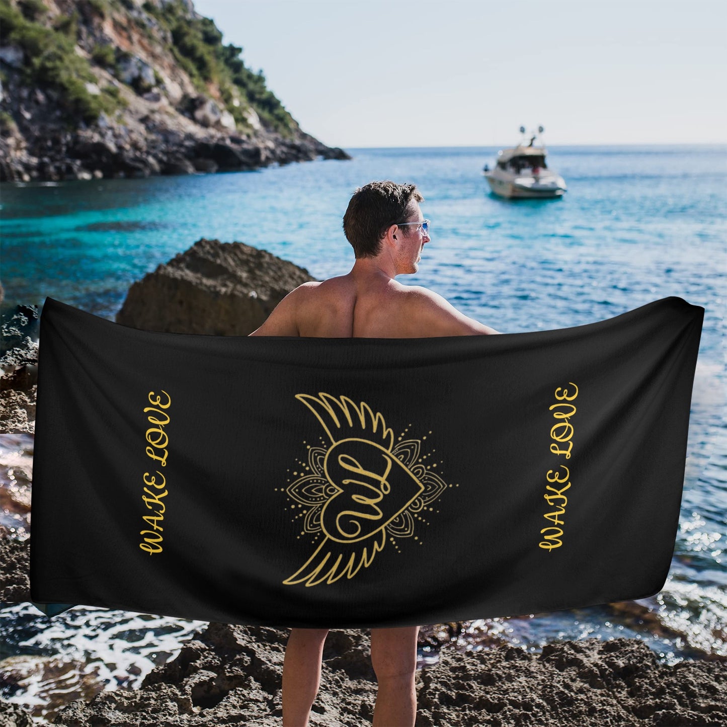 WAKE LOVE LARGE BEACH TOWEL BLACK 31"x71" Large