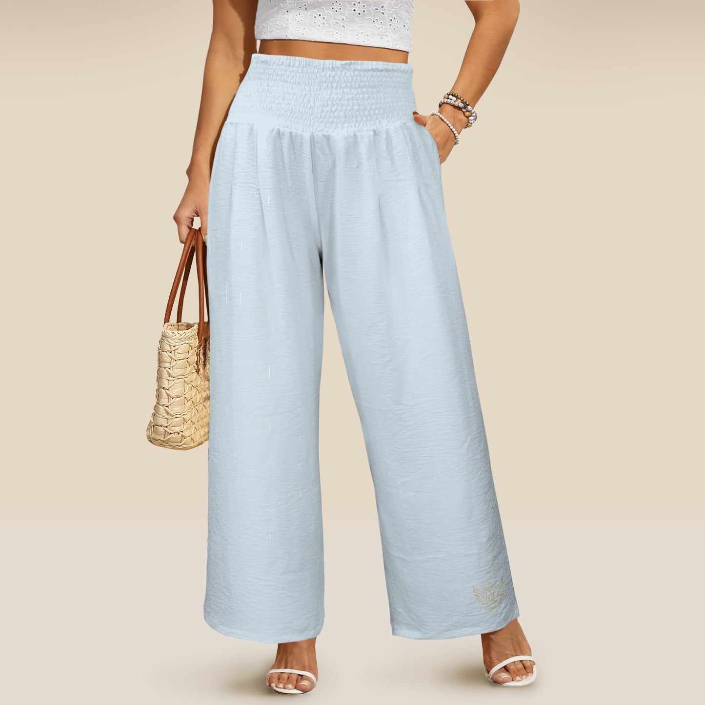 Elastic High Waist Pocket Wide Leg pants Blue