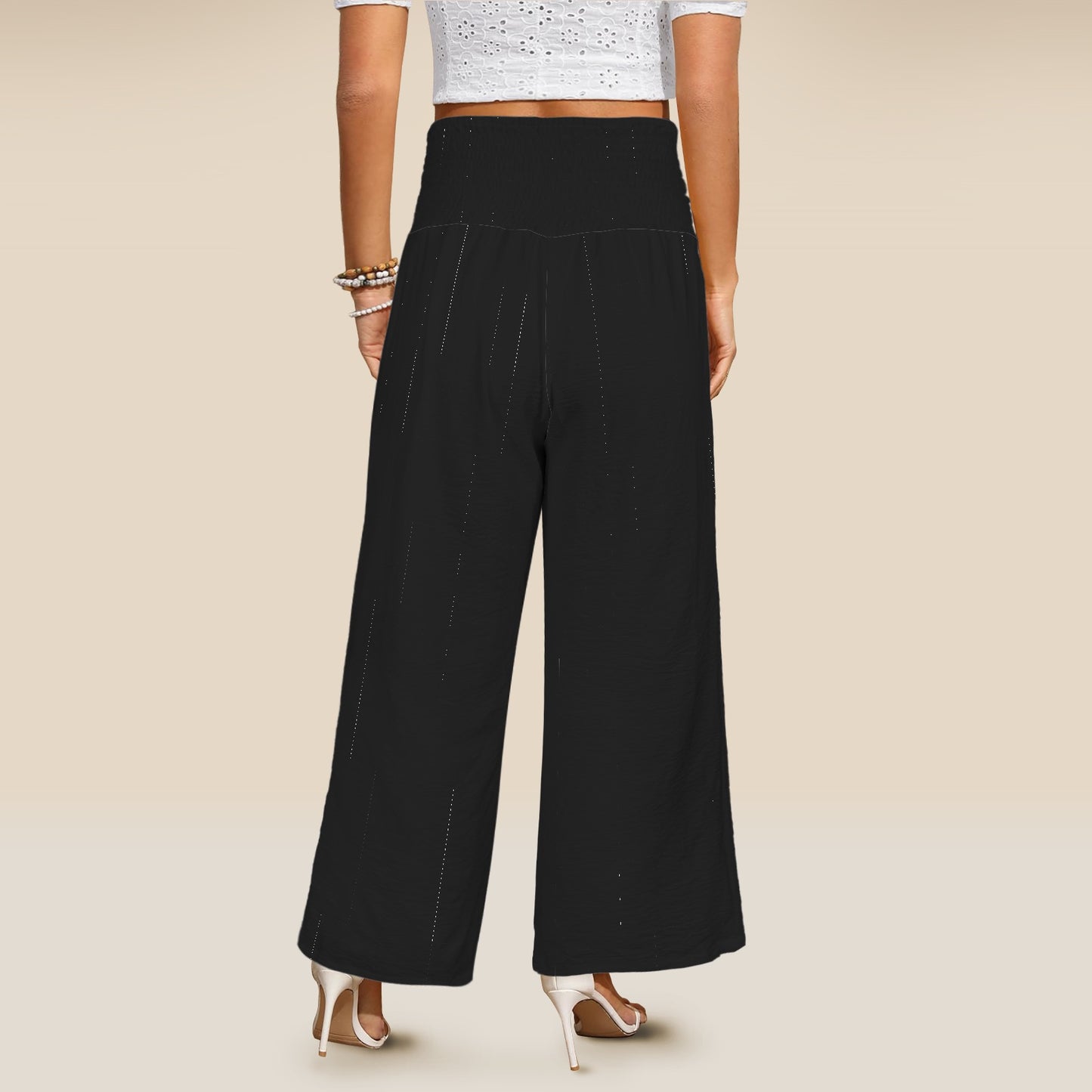 Elastic High Waist Pocket Wide Leg pants Black