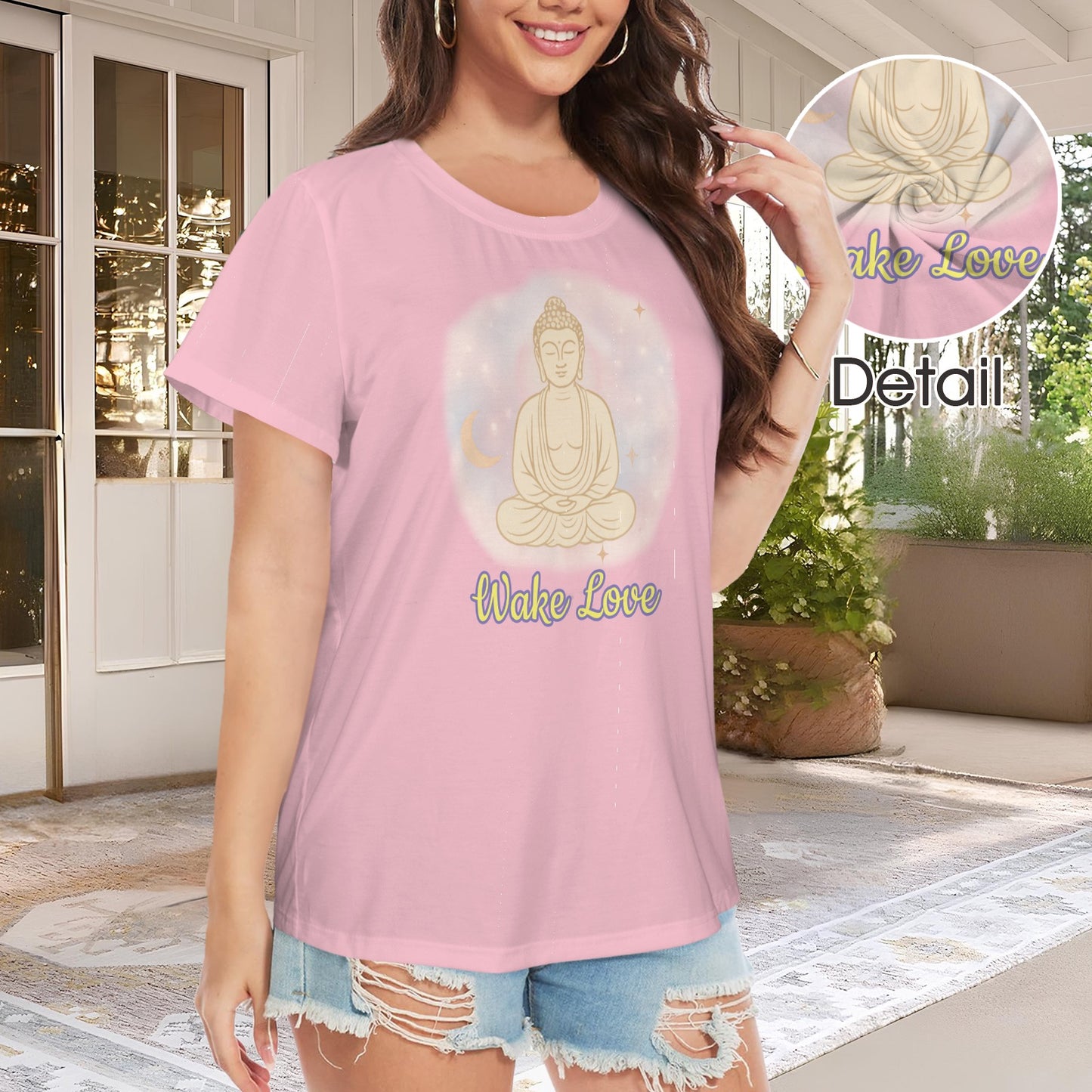 Wake Love Crewneck short sleeve Sleeve T-Shirt pink Buddah