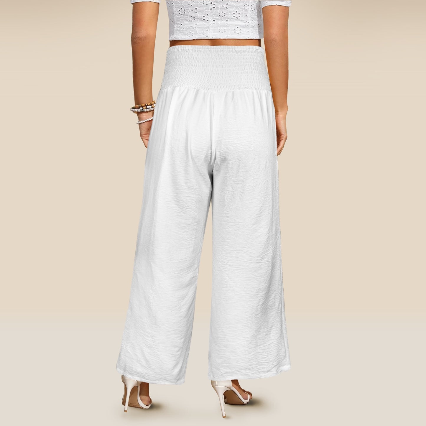 Elastic High Waist Pocket Wide Leg pants White