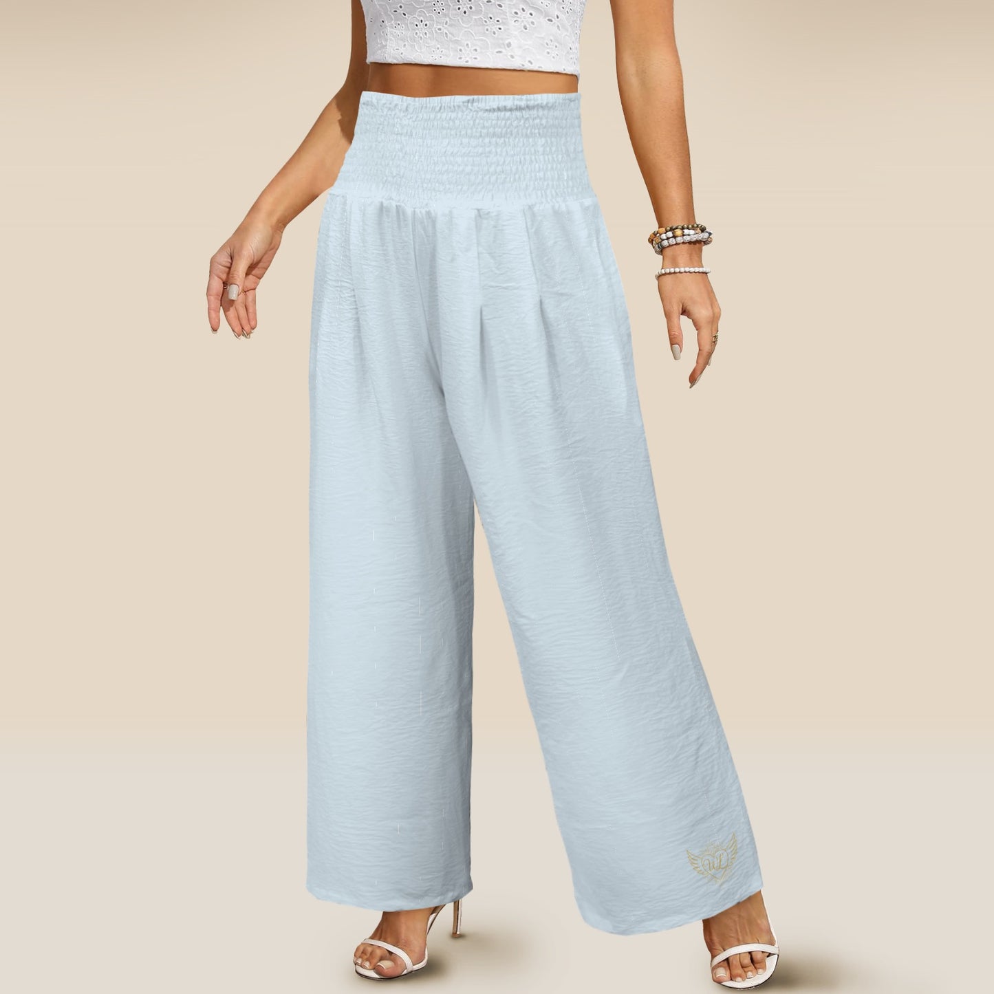 Elastic High Waist Pocket Wide Leg pants Blue