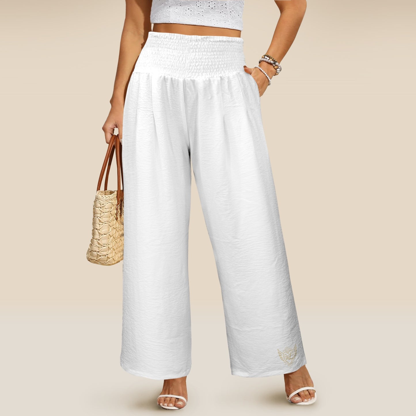 Elastic High Waist Pocket Wide Leg pants White