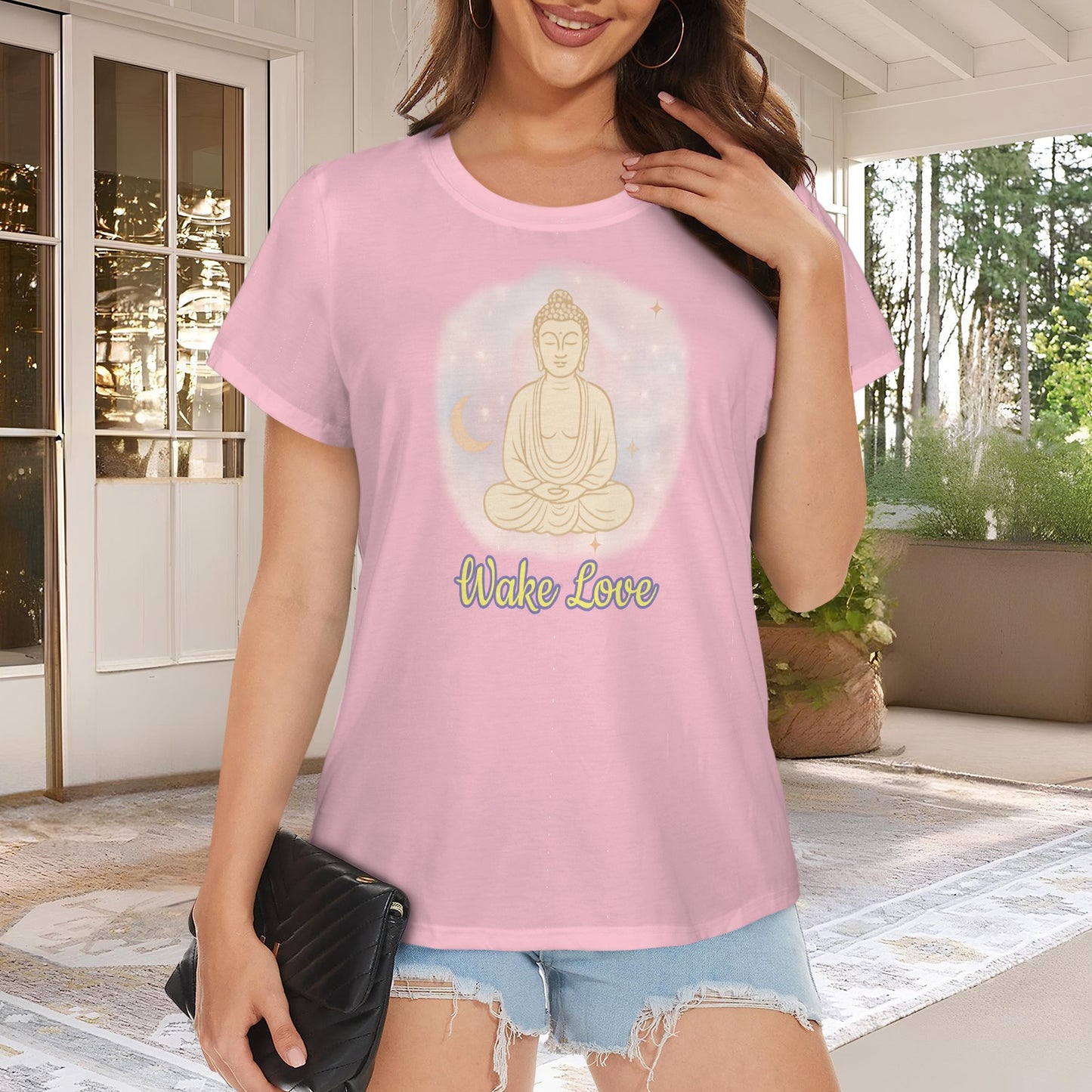 Wake Love Crewneck short sleeve Sleeve T-Shirt pink Buddah