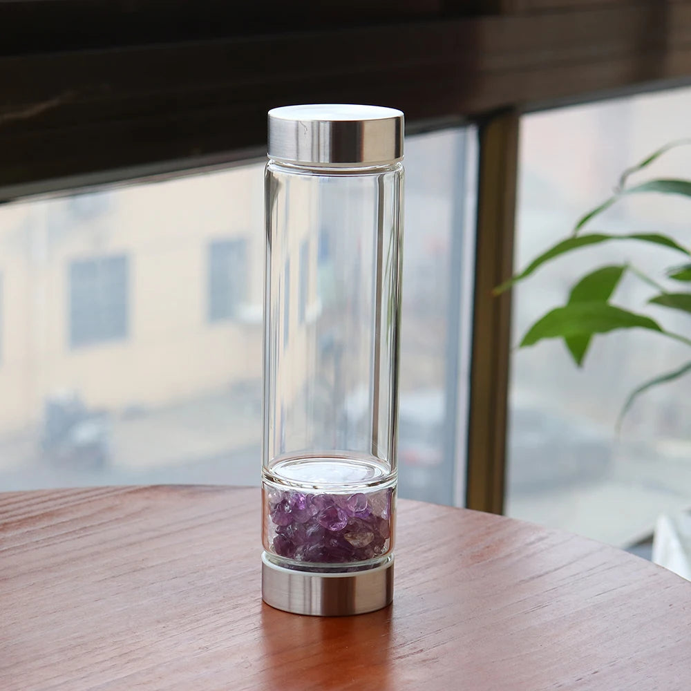 Healing Natural Crystal Stone Infused Glass Water Bottle