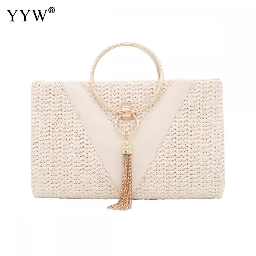 Straw Zinc Alloy Tassels Handbag