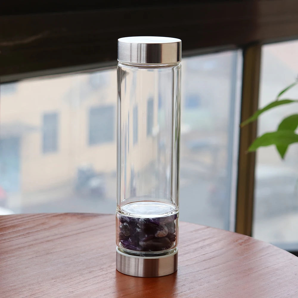 Healing Natural Crystal Stone Infused Glass Water Bottle