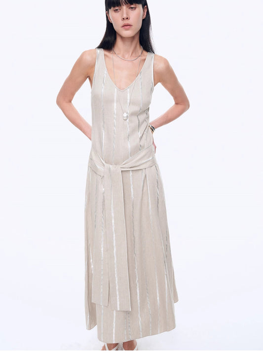 "Milan Holiday" Silver Striped Linen V-Neck Drape Dress