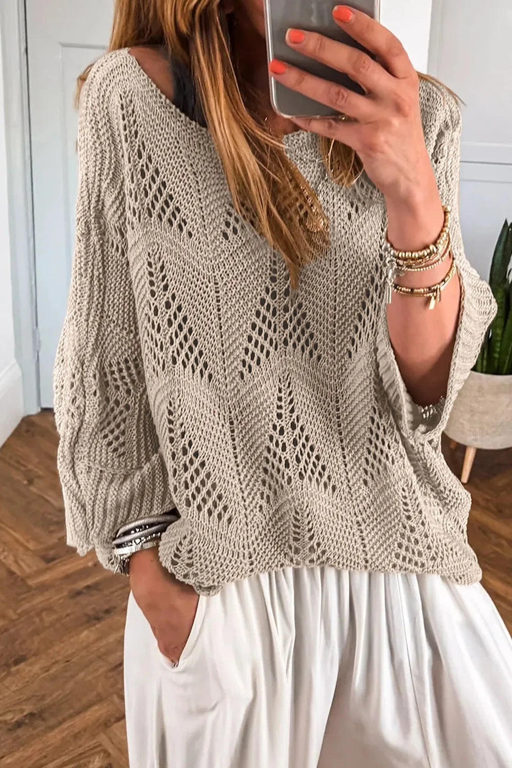 Openwork Round Neck Knit Top