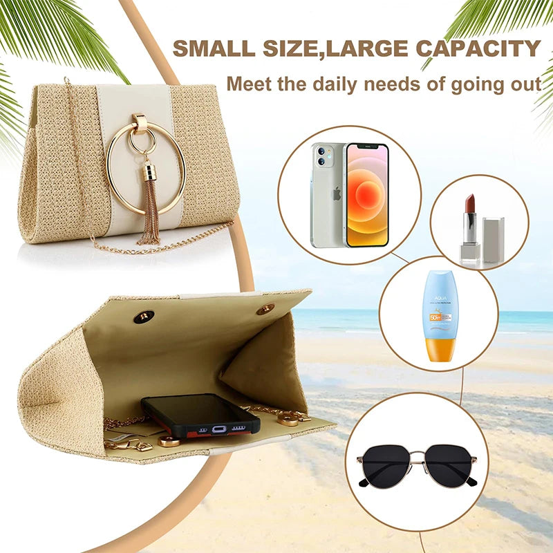 Straw Zinc Alloy Tassels Handbag