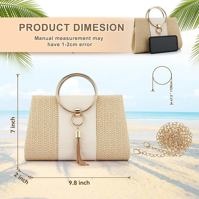 Straw Zinc Alloy Tassels Handbag