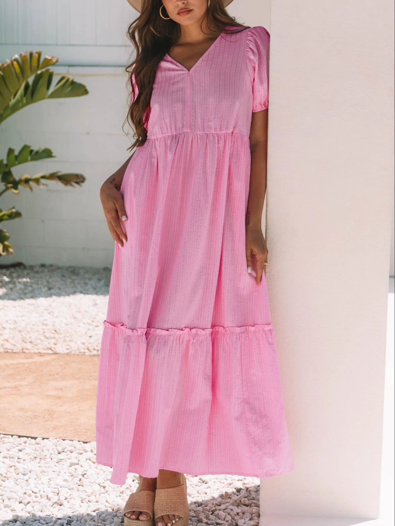 Striped Puff Sleeve V-Neck Maxi Dress