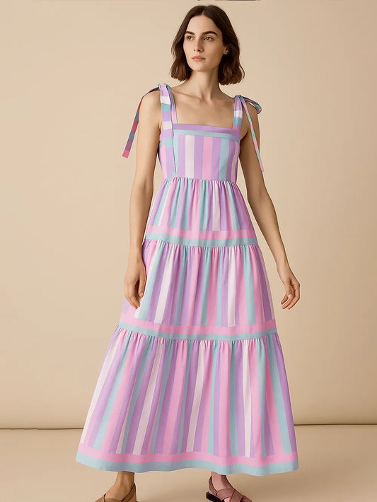 Striped Tiered Maxi Summer Dress with Bow Shoulder Ties