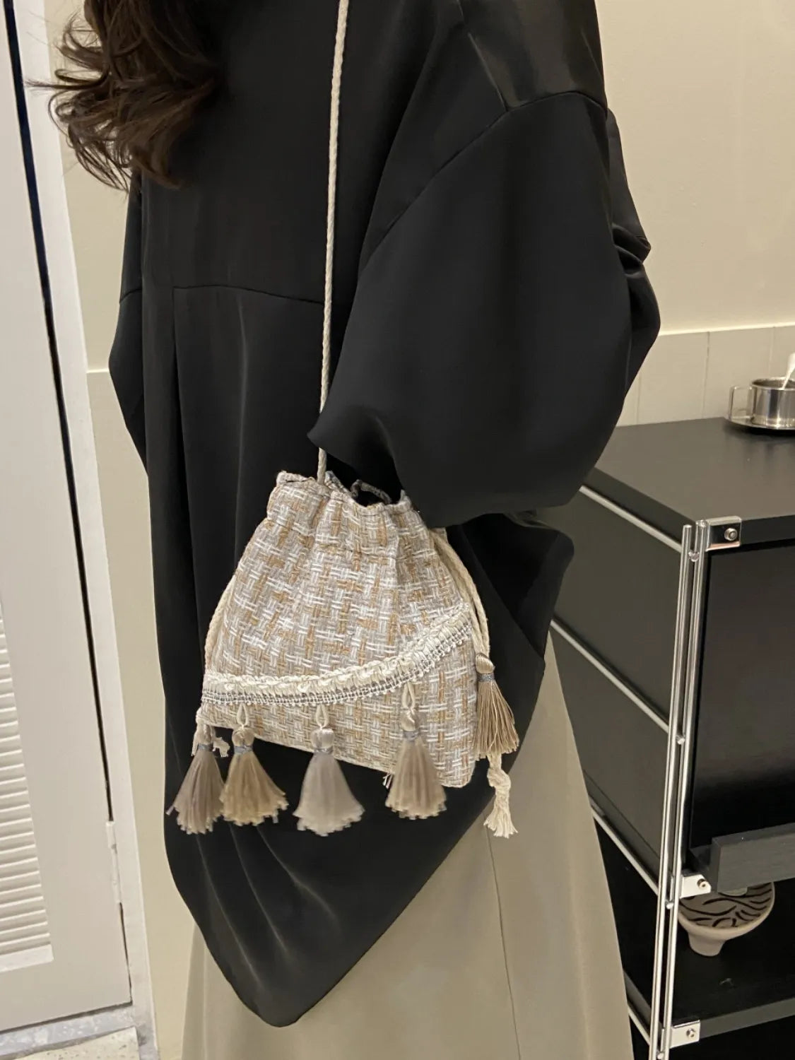Tassel Trim Woven Bucket Crossbody Bag