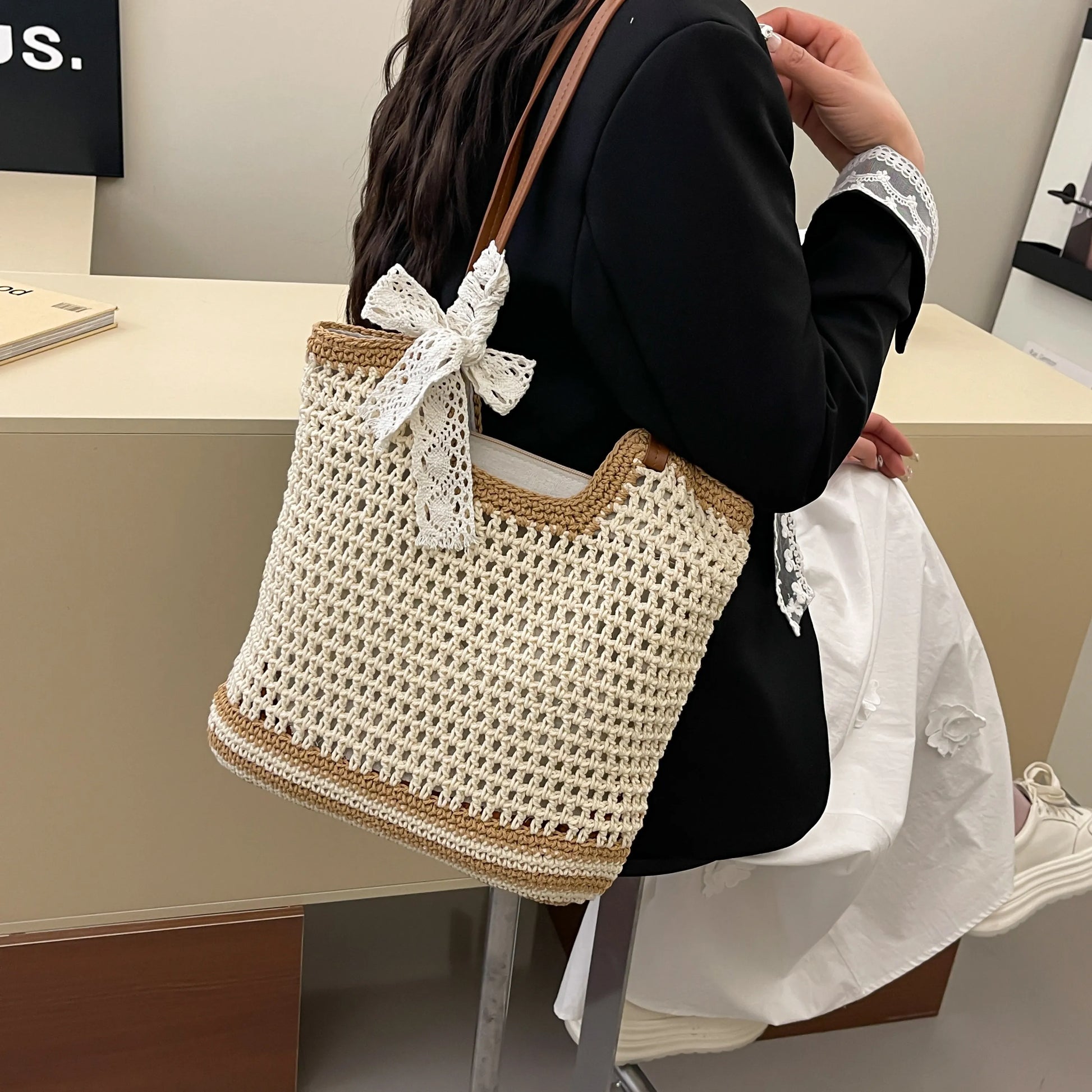 Woven Straw Tote Bag with Bow Detail