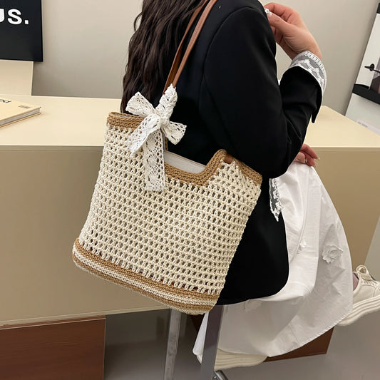 Woven Straw Tote Bag with Bow Detail