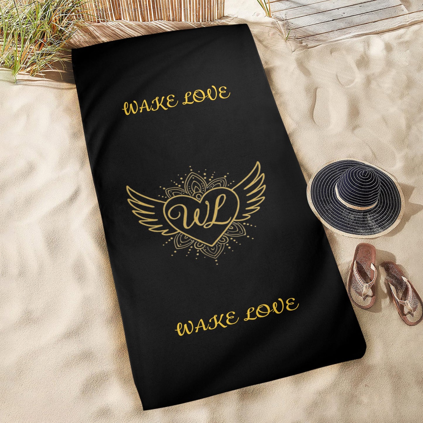 WAKE LOVE LARGE BEACH TOWEL BLACK 31"x71" Large