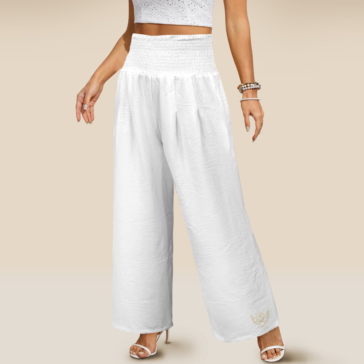Elastic High Waist Pocket Wide Leg pants White