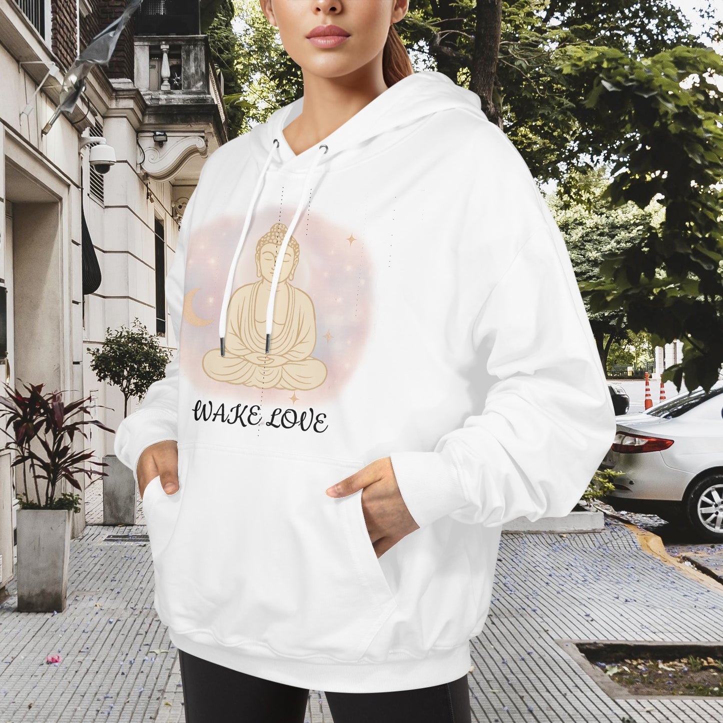 WAKE LOVE BUDDAH HOODIE WHITE Heavy Blend