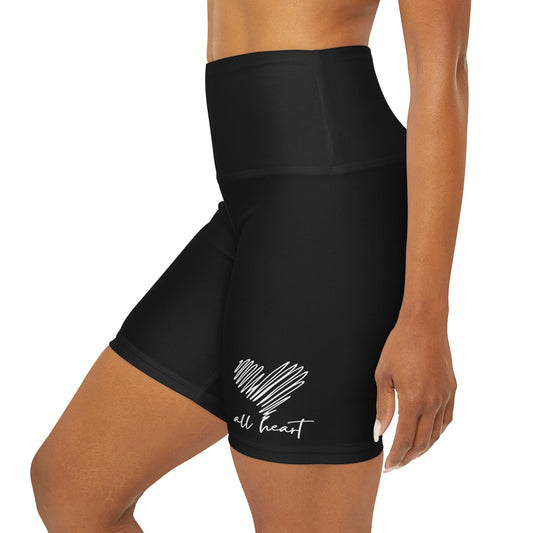 Womens High Waisted Black Yoga Shorts - Say it Soul - All Heart White Line Art Print-0
